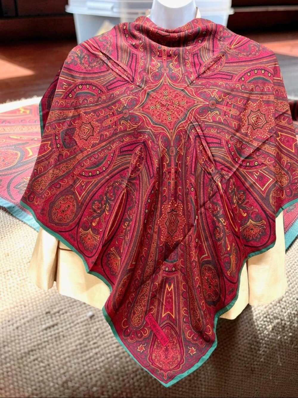 Vgt. Yves Saint Laurent Silk Scarf Satin 36" Burgendy Red Green Paisley(20